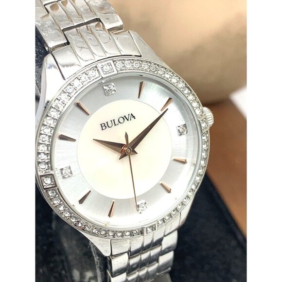Bulova Women's Watch 96L283 Mother of Pearl Dial Silver Steel Crystal Accent - Picture 1 of 13